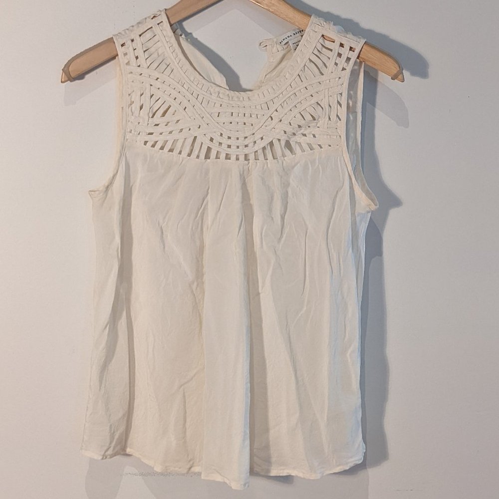 Banana Republic Sheer Silk Pleated Sleeveless Top Cream White with Lattice Yoke